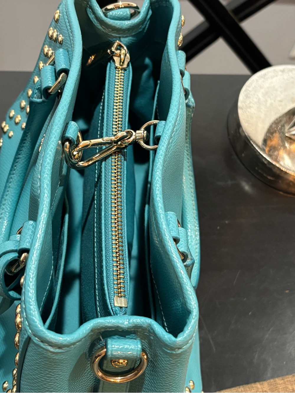 Coach Margot Studded Carryall Crossbody Aqua Blue Pebbled Leather Silver Rivets - Picture 5 of 16